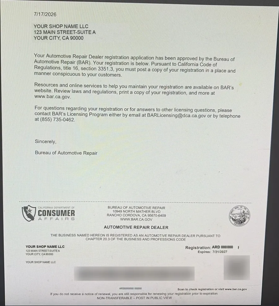 Sample California BAR registration letter
