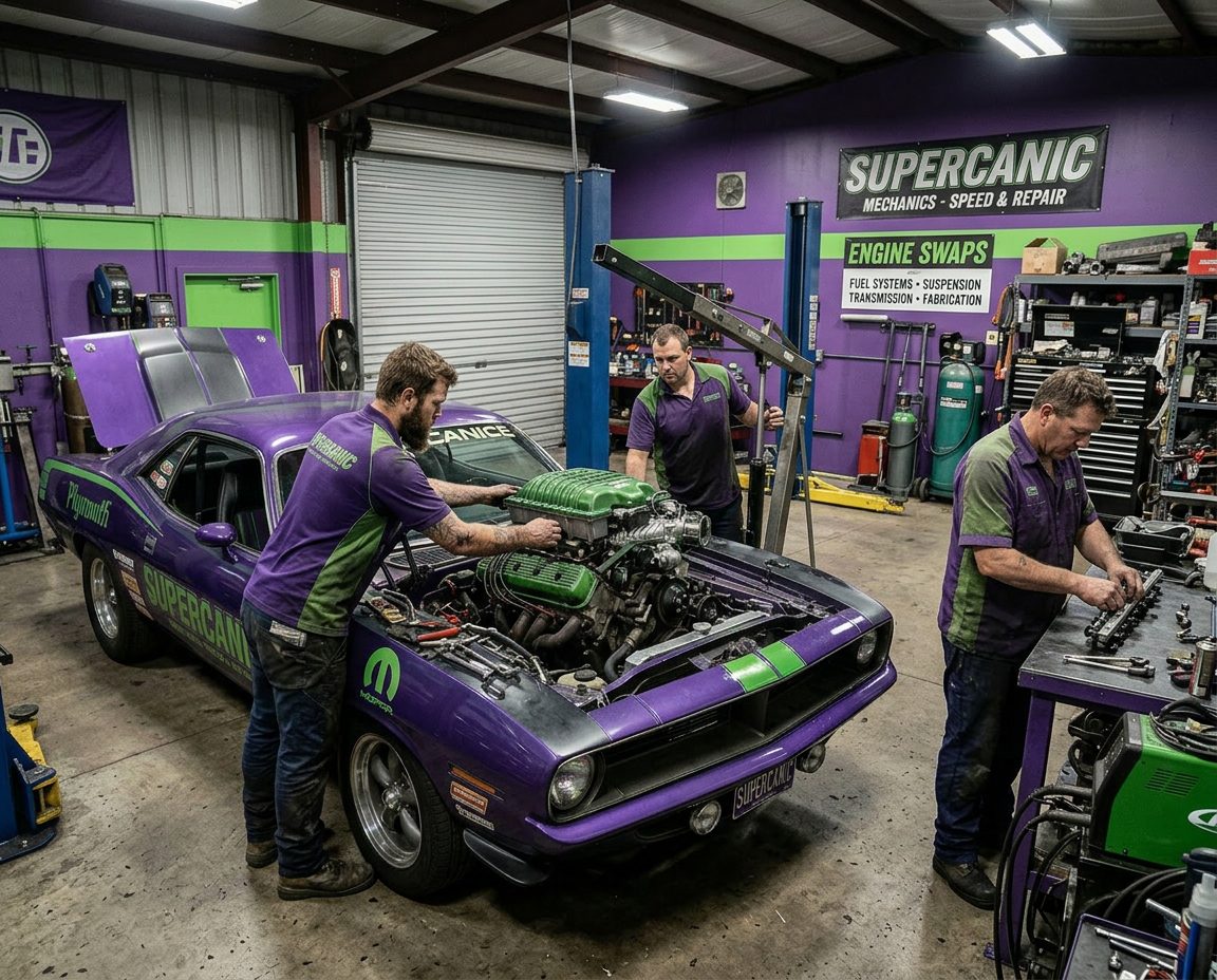 Supercanic technicians performing an engine swap on a Plymouth Barracuda in the shop