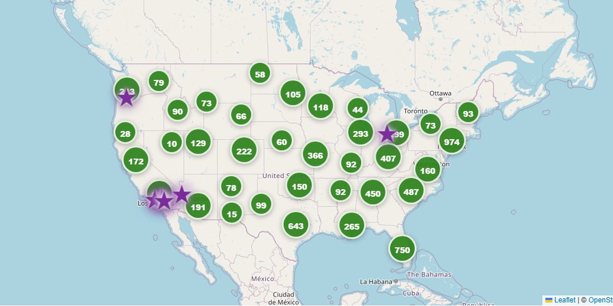 The Mechanicrank map: clustered pin counts across the United States with Supercanic locations starred